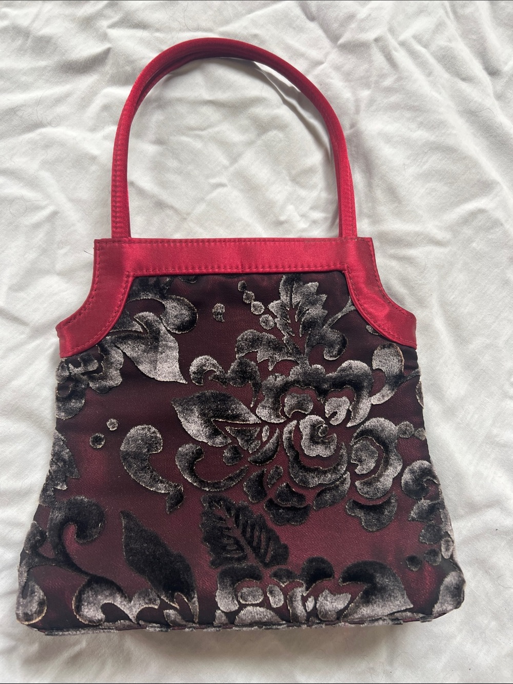 Red Floral Velvet Burnout Shoulder Bag